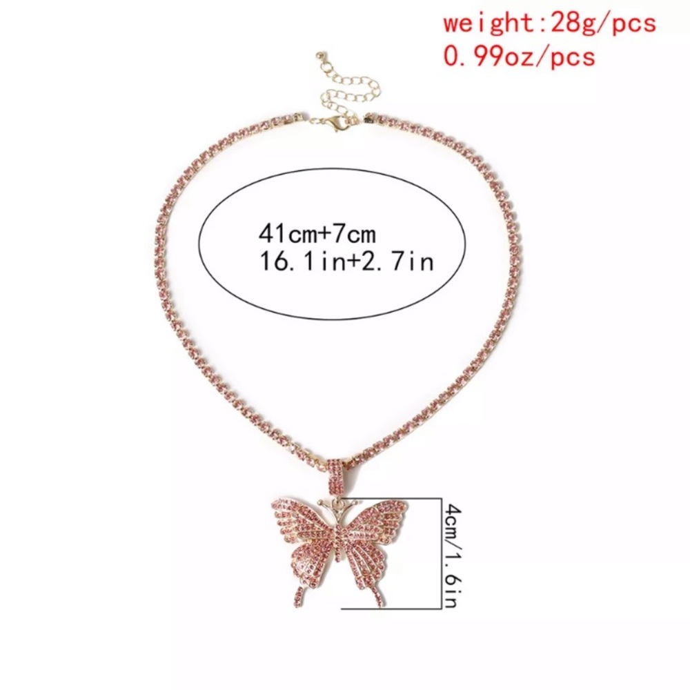 Hip Hop Rhinestone Pink Butterfly 🦋 Necklace - Picture 4 of 6